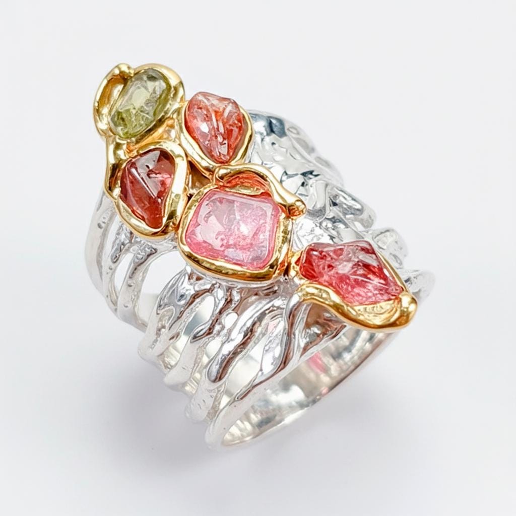 925 Sterling Silver Raw Pink Tourmaline Ring, worn on hand
