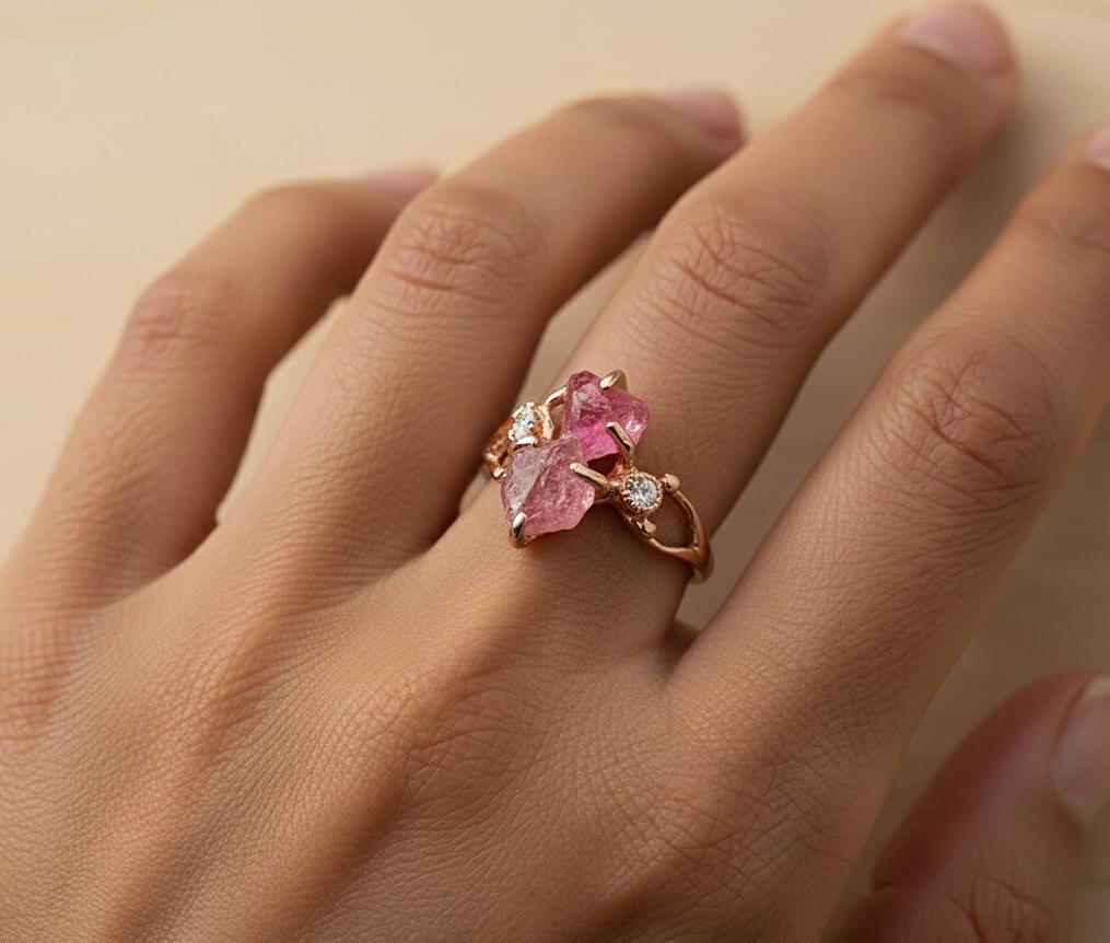 925 Sterling Silver Raw Pink Tourmaline Ring, setting detail