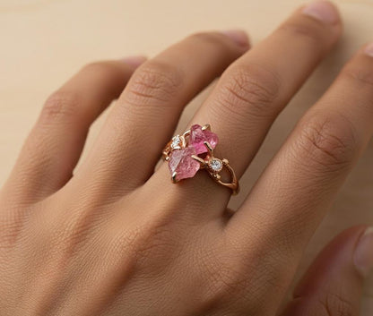 925 Sterling Silver Raw Pink Tourmaline Ring, setting detail
