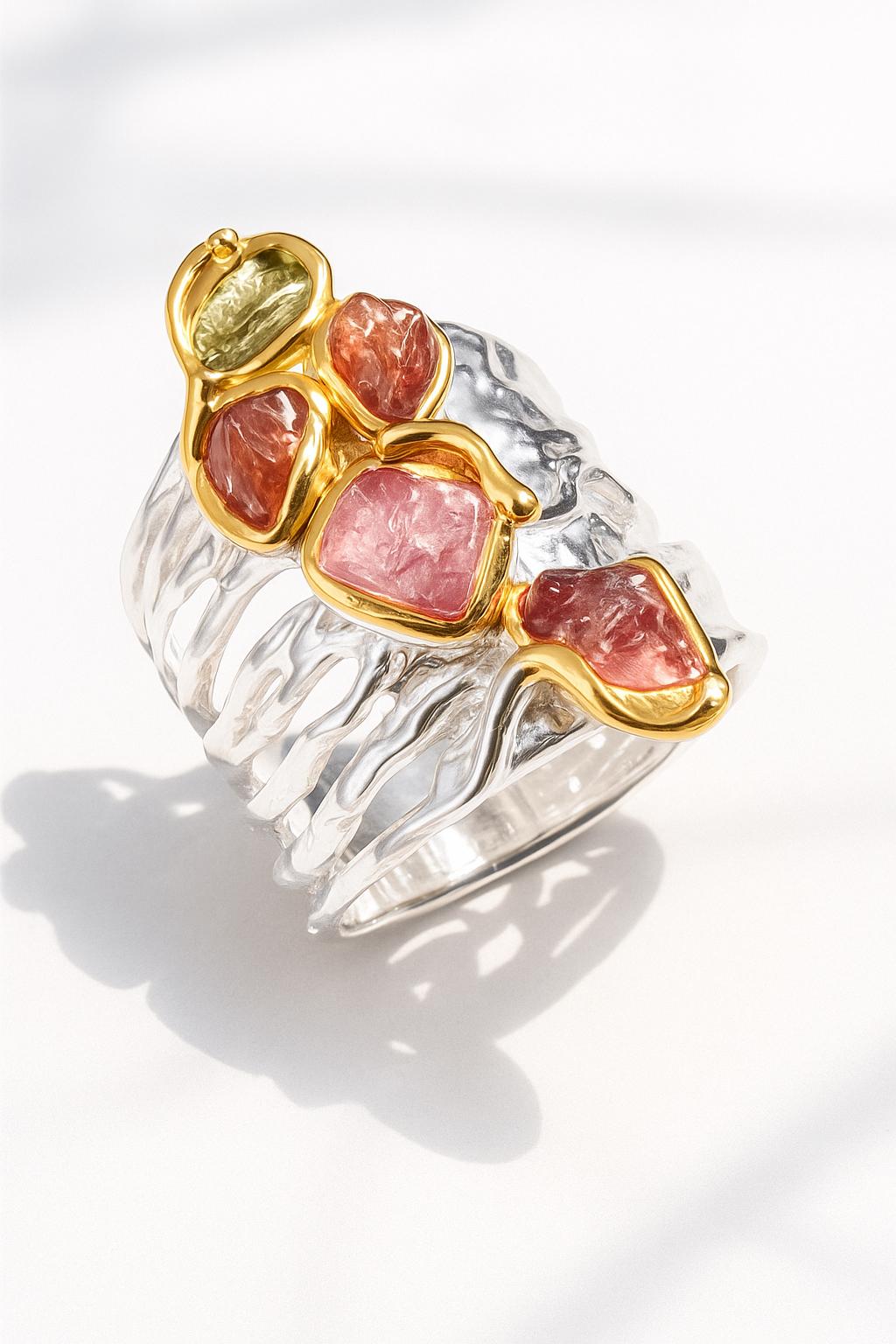 925 Sterling Silver Raw Pink Tourmaline Ring, setting detail