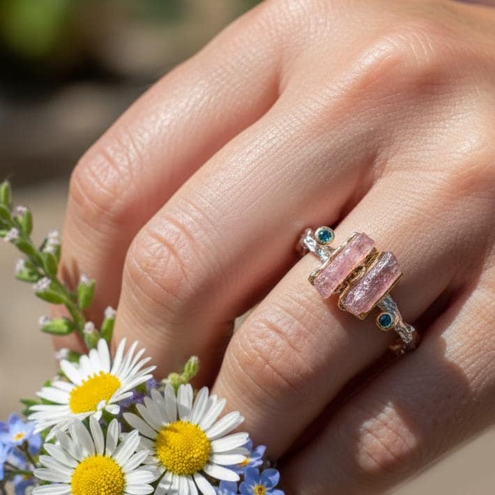 925 Sterling Silver Raw Pink Tourmaline Ring, setting detail