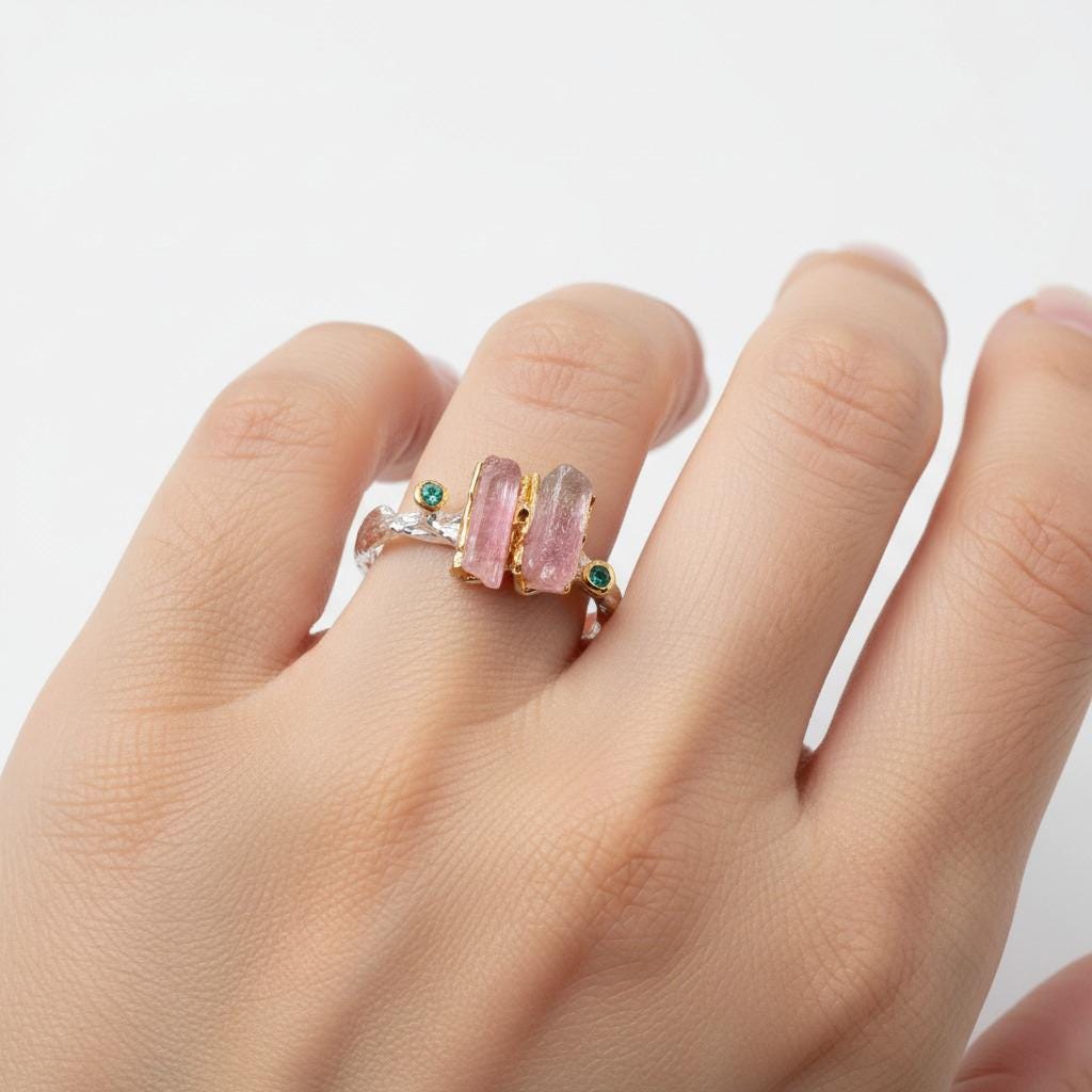 925 Sterling Silver Raw Pink Tourmaline Ring, additional angle