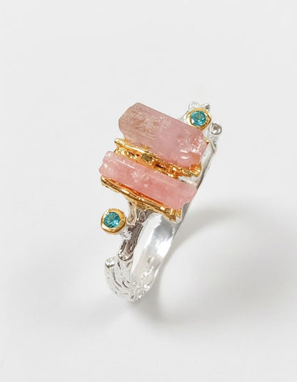 925 Sterling Silver Raw Pink Tourmaline Ring, worn look