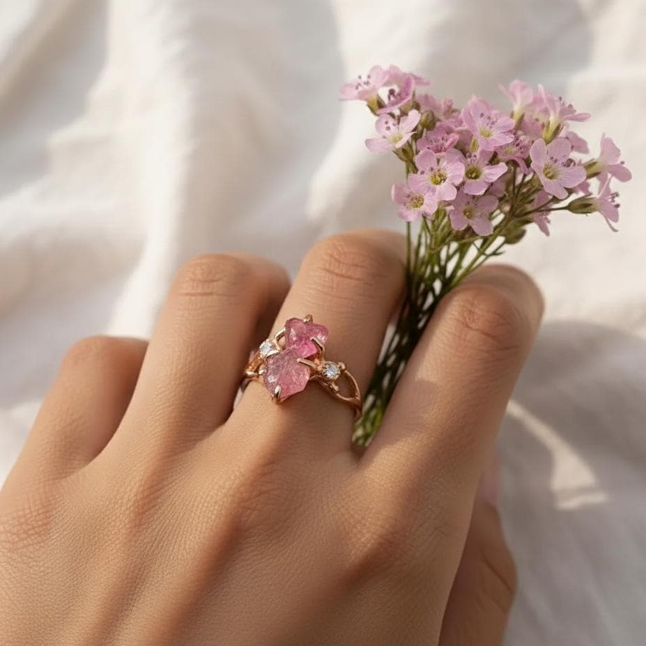 925 Sterling Silver Raw Pink Tourmaline Ring, worn look