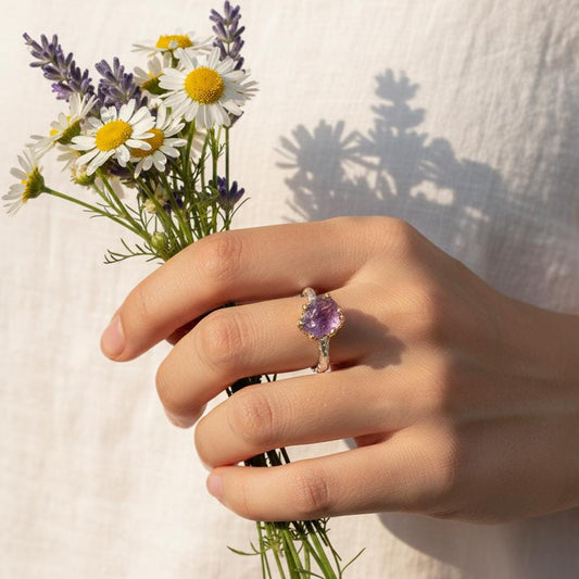 925 Sterling Silver Raw Purple Amethyst Ring, alternate angle