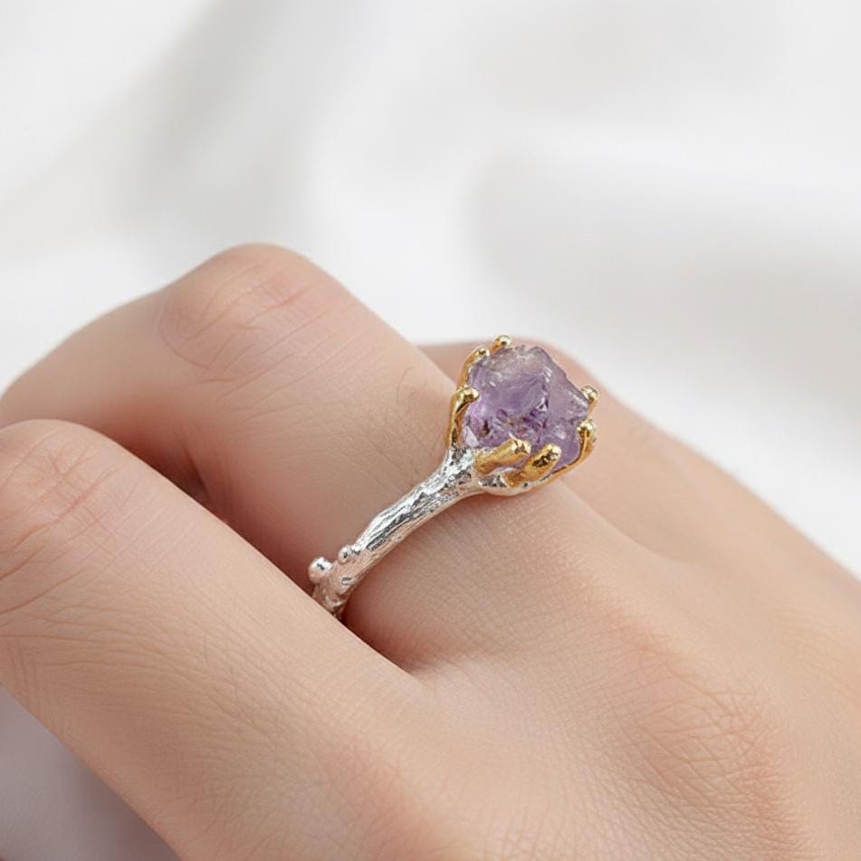 925 Sterling Silver Raw Purple Amethyst Ring, side view
