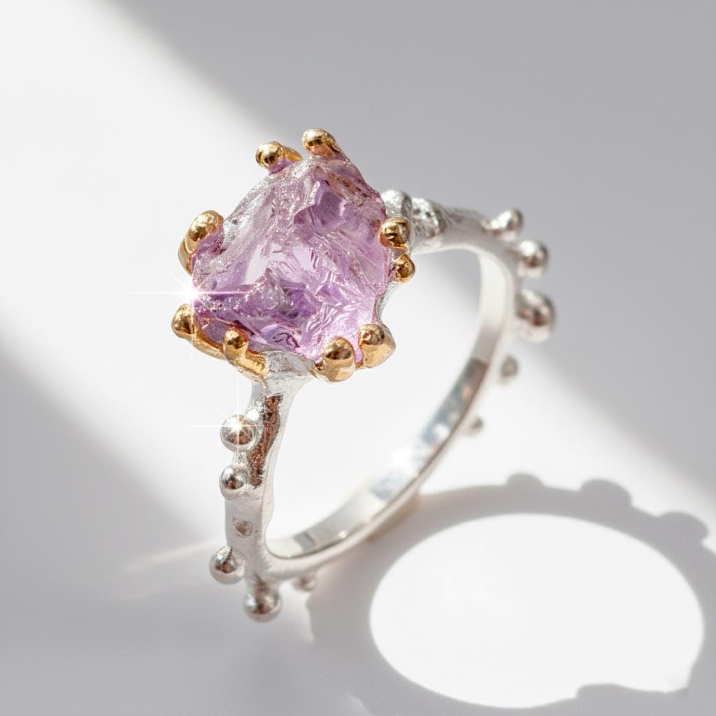 925 Sterling Silver Raw Purple Amethyst Ring, worn on hand