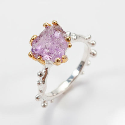 925 Sterling Silver Raw Purple Amethyst Ring, setting detail