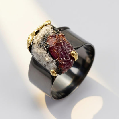 925 Sterling Silver Raw Red Ruby Ring, worn on hand
