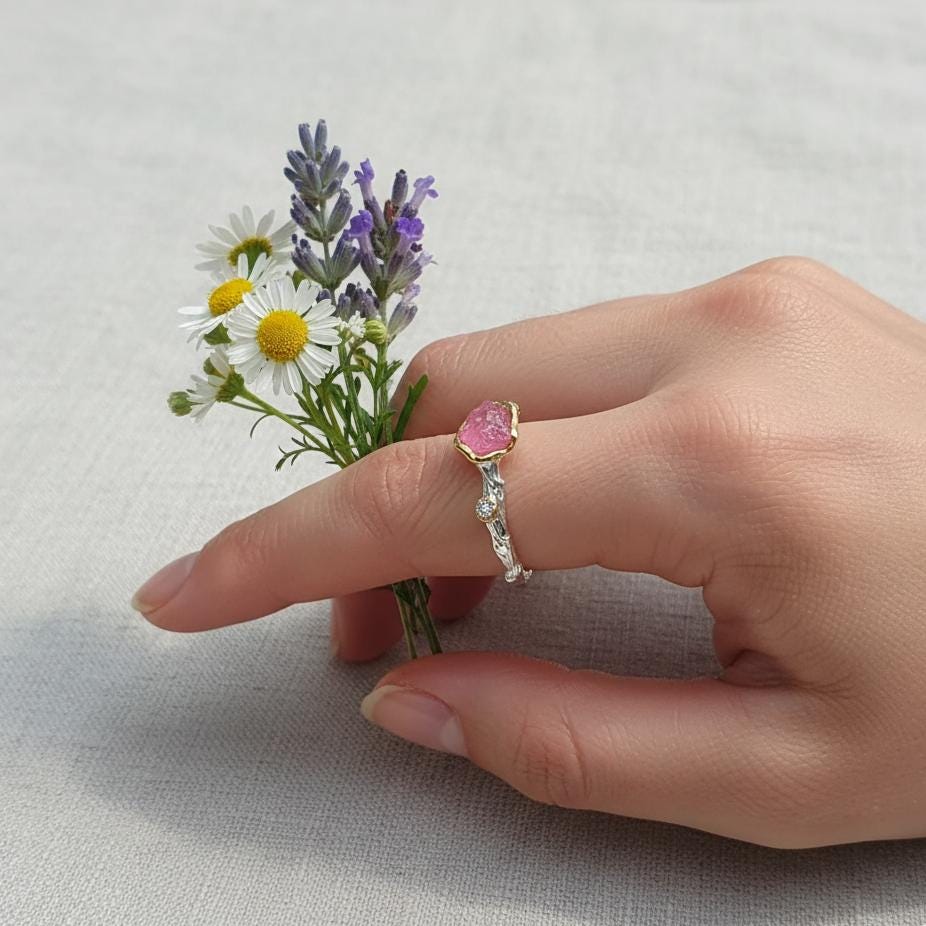 925 Sterling Silver Raw Pink Ruby Ring, alternate angle