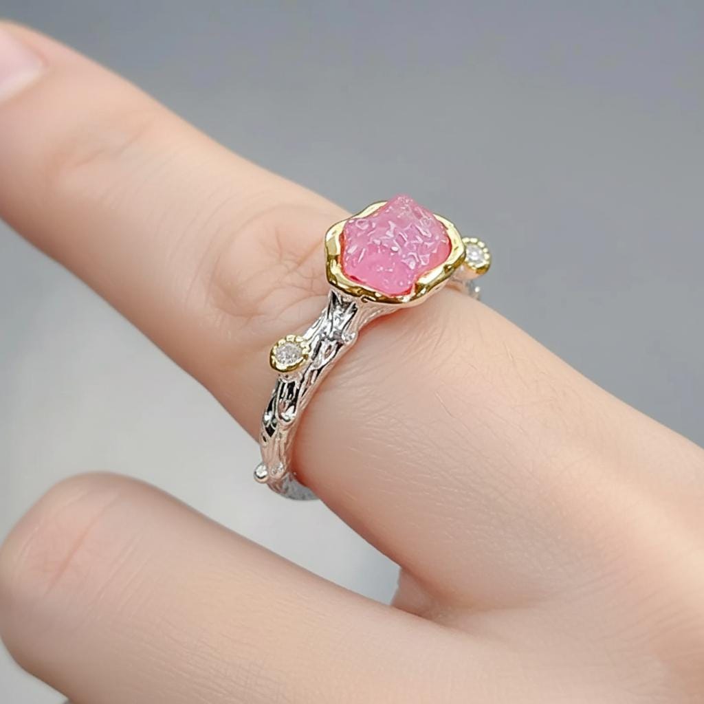 925 Sterling Silver Raw Pink Ruby Ring, close-up detail