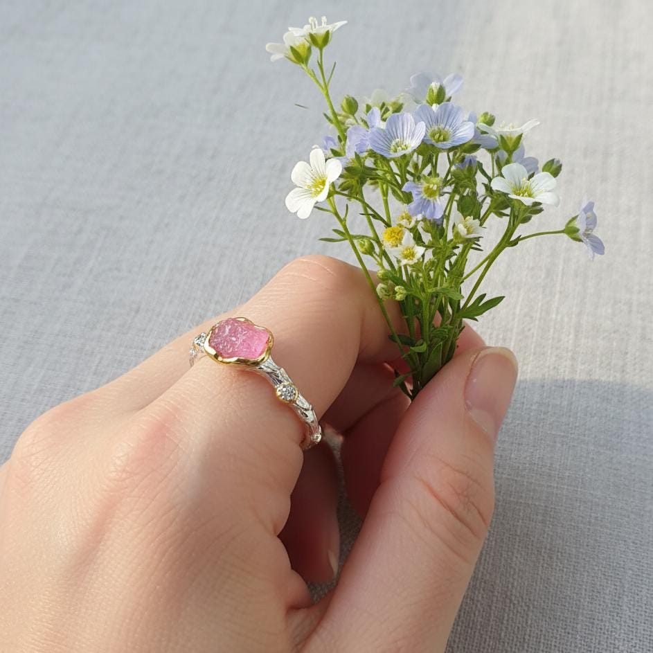 925 Sterling Silver Raw Pink Ruby Ring, side view