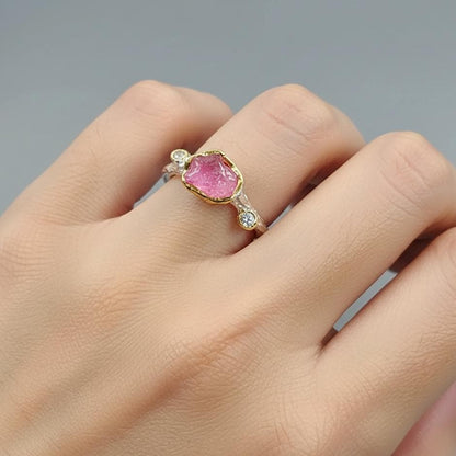 925 Sterling Silver Raw Pink Ruby Ring, worn on hand