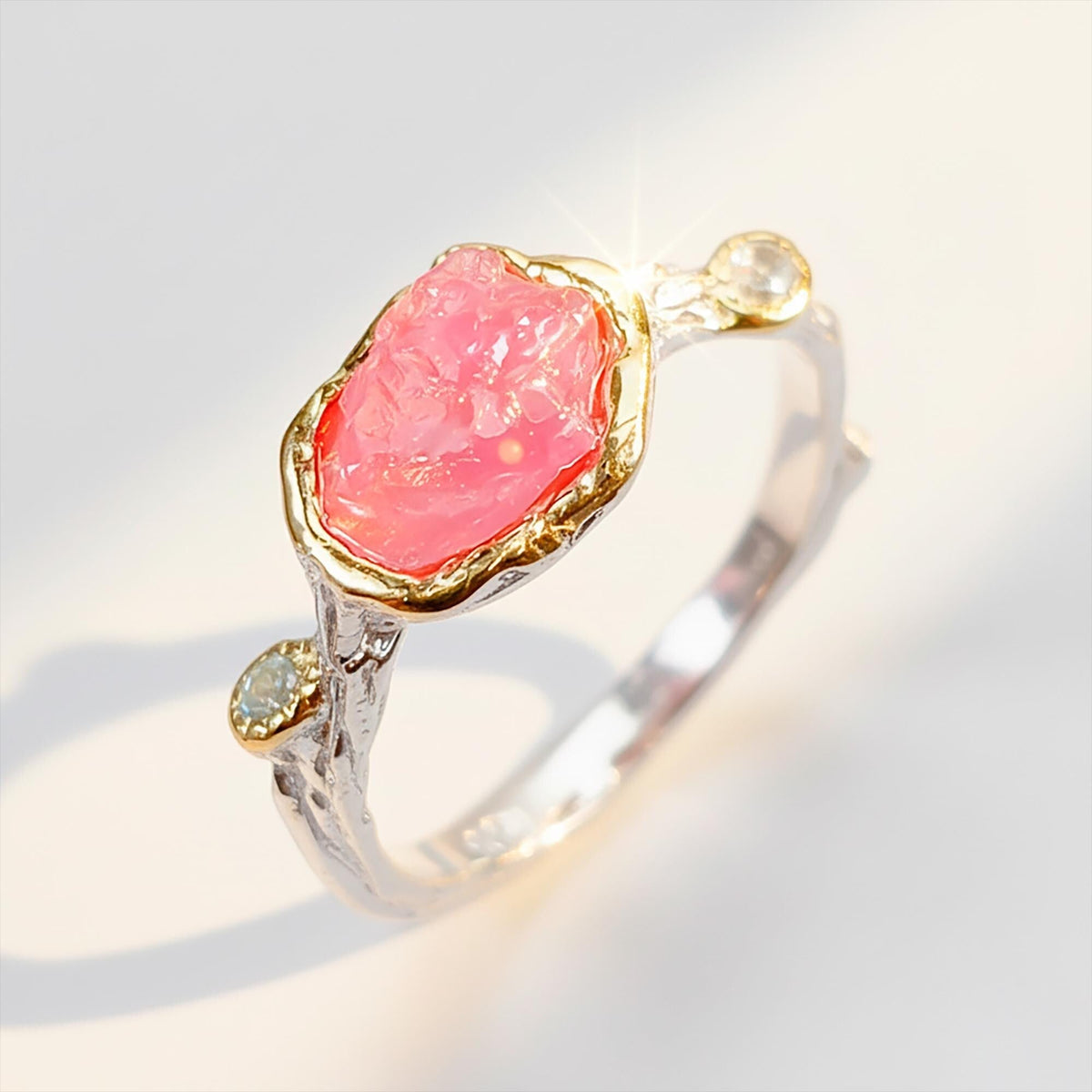 925 Sterling Silver Raw Pink Ruby Ring, setting detail