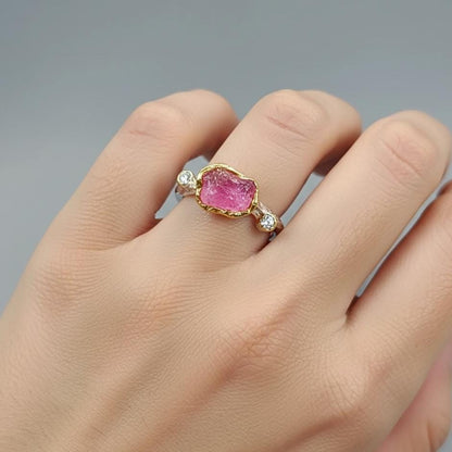 925 Sterling Silver Raw Pink Ruby Ring, worn look