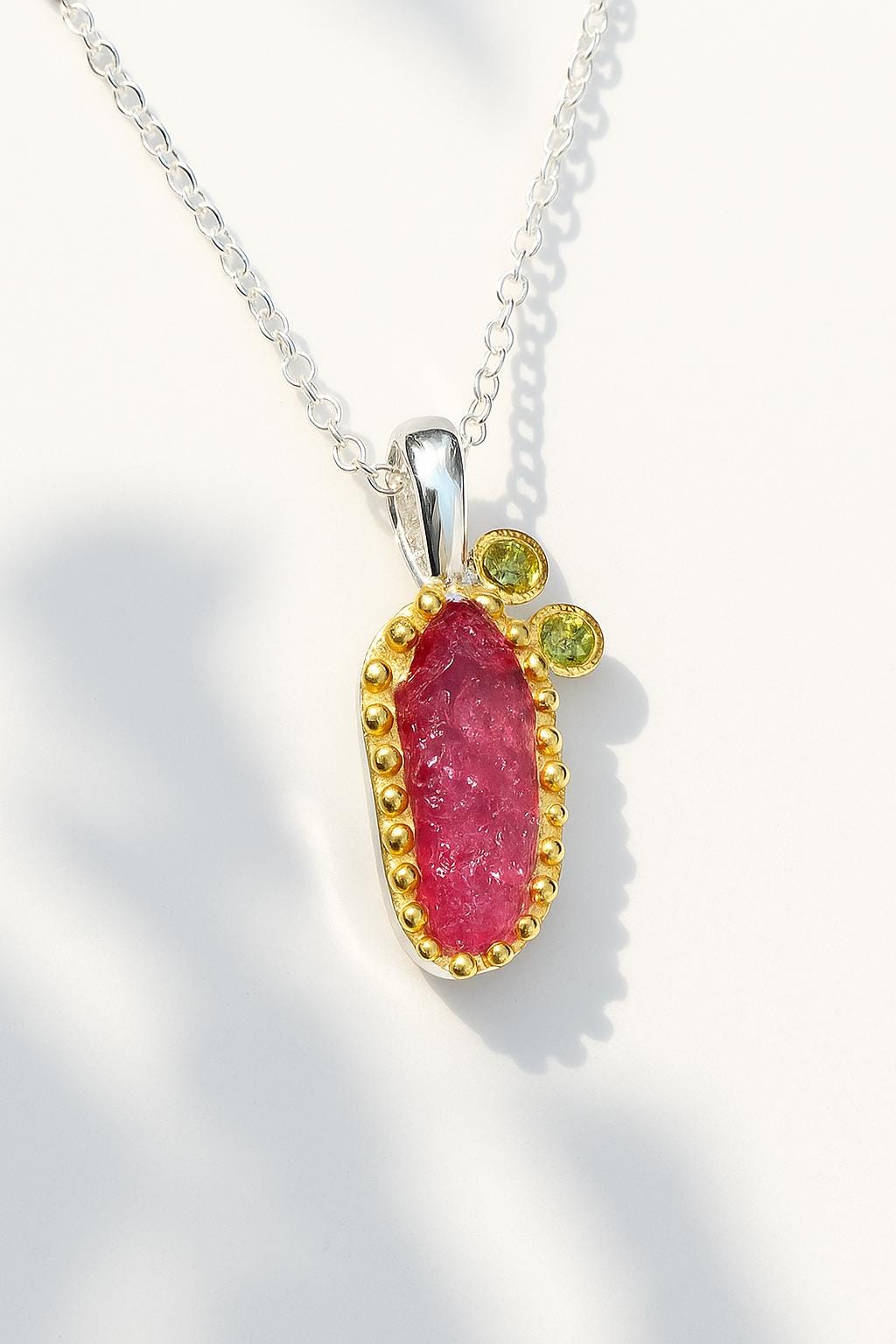 925 Sterling Silver Raw Ruby Necklace, close-up detail