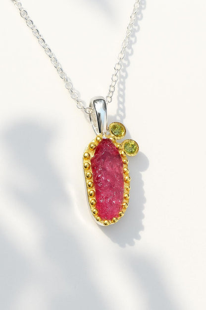 925 Sterling Silver Raw Ruby Necklace, close-up detail