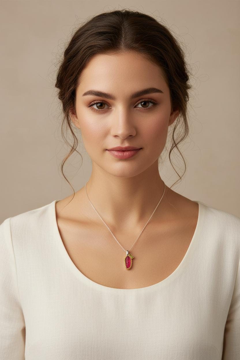 925 Sterling Silver Raw Ruby Necklace, worn view