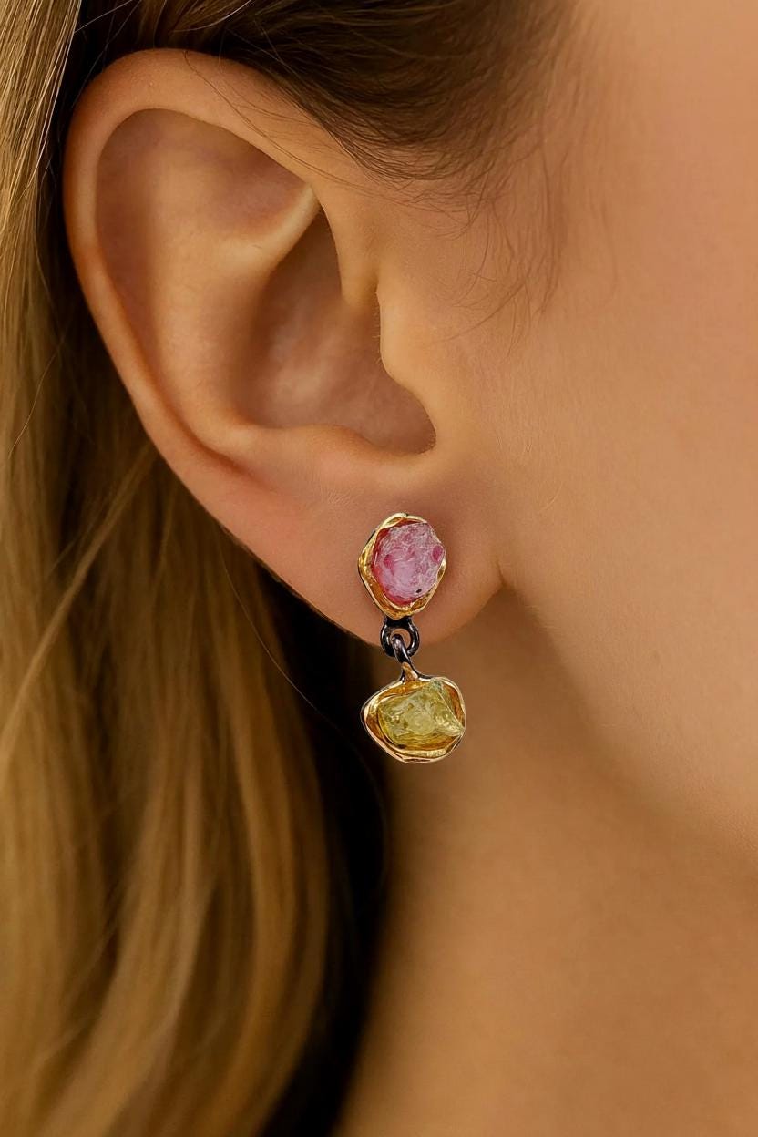 925 Sterling Silver Raw Ruby Peridot Earrings, close-up detail