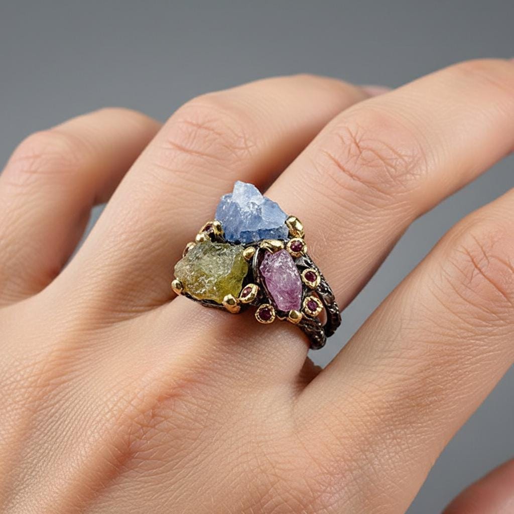 925 Sterling Silver Raw Sapphire Ruby Ring, close-up detail