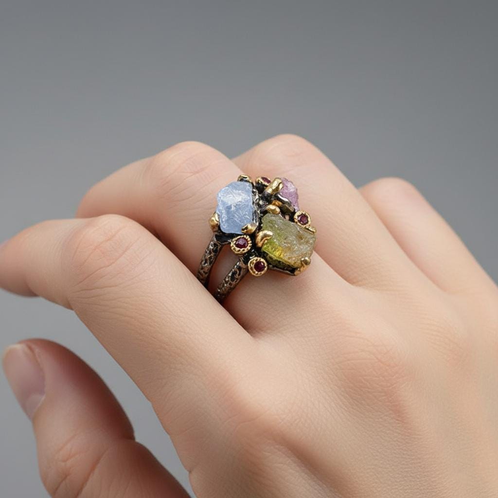 925 Sterling Silver Raw Sapphire Ruby Ring, side view