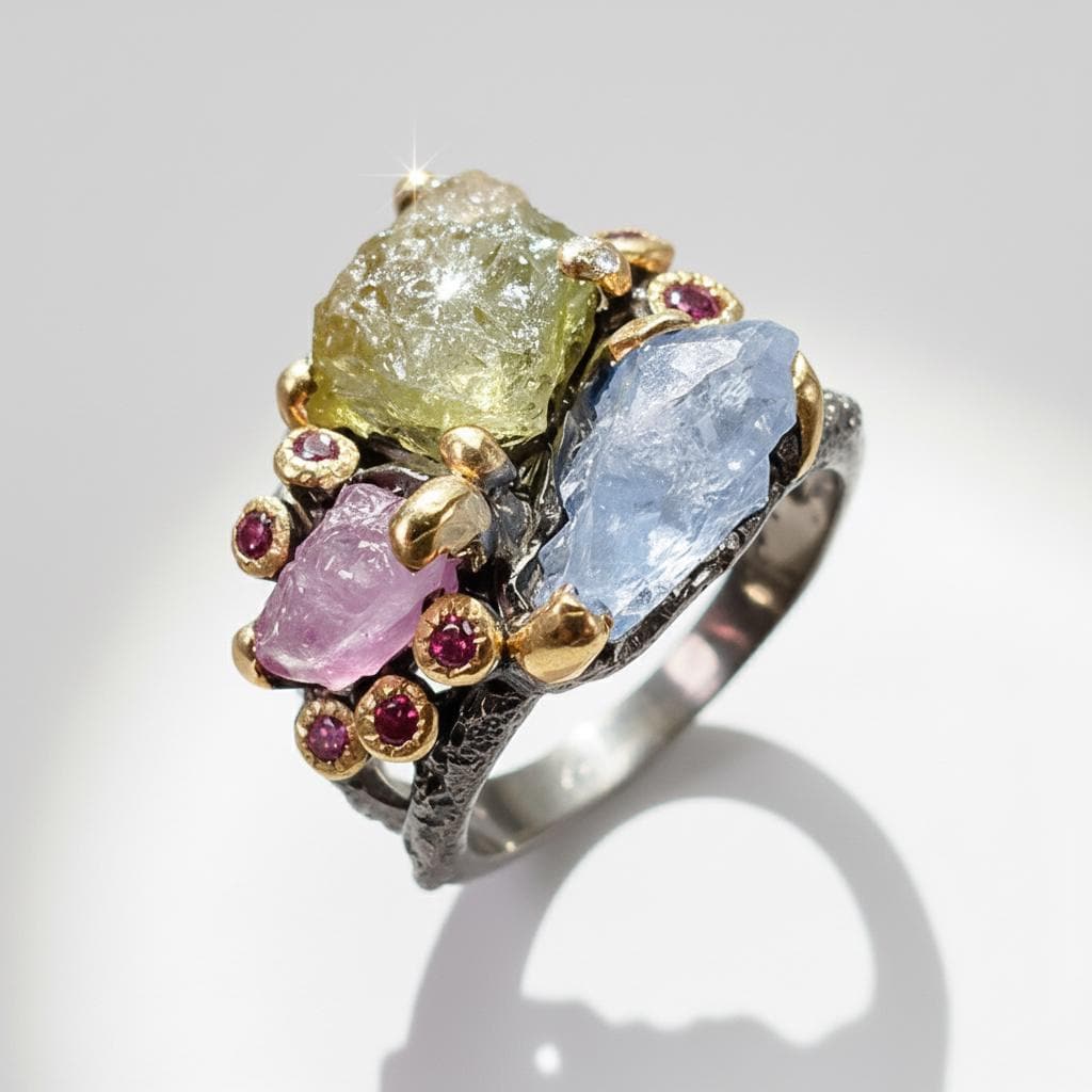 925 Sterling Silver Raw Sapphire Ruby Ring, worn on hand