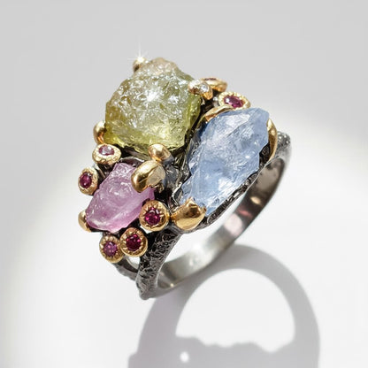 925 Sterling Silver Raw Sapphire Ruby Ring, worn on hand