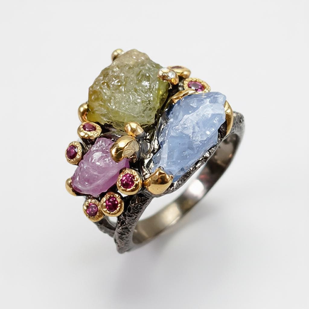 925 Sterling Silver Raw Sapphire Ruby Ring, setting detail