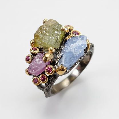 925 Sterling Silver Raw Sapphire Ruby Ring, setting detail