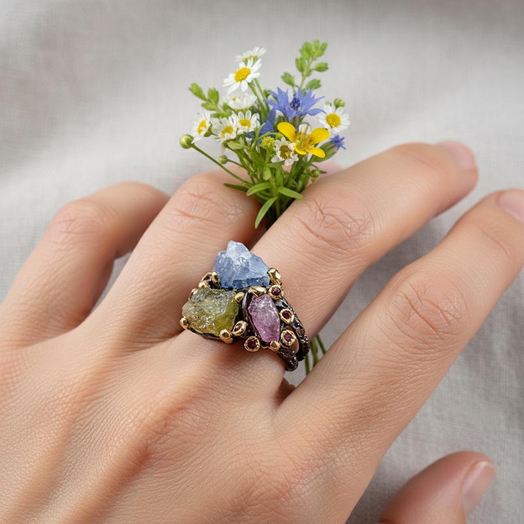 925 Sterling Silver Raw Sapphire Ruby Ring, worn look