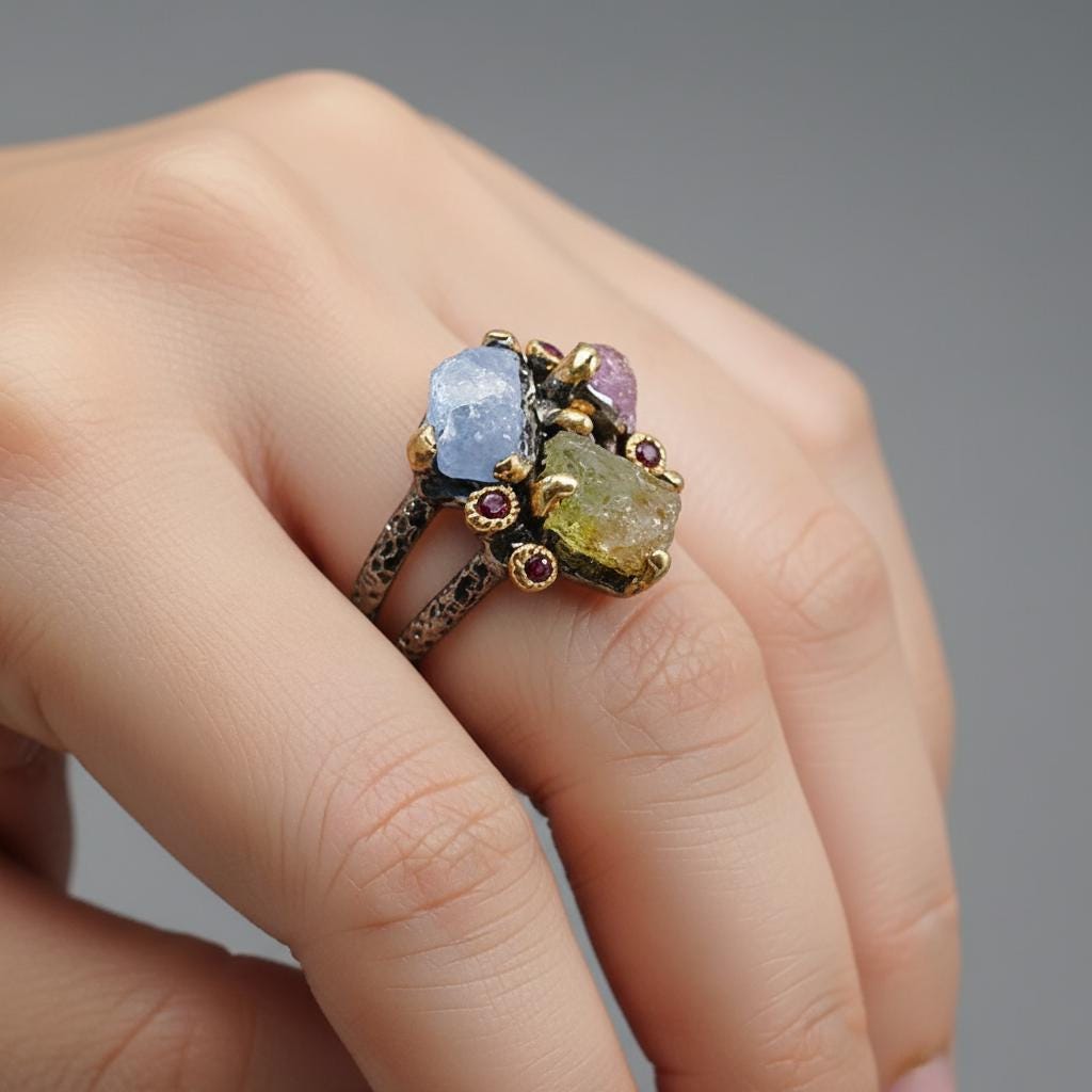 925 Sterling Silver Raw Sapphire Ruby Ring, band detail