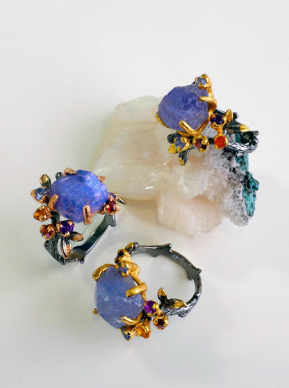 925 Sterling Silver Raw Tanzanite Ring, close-up detail