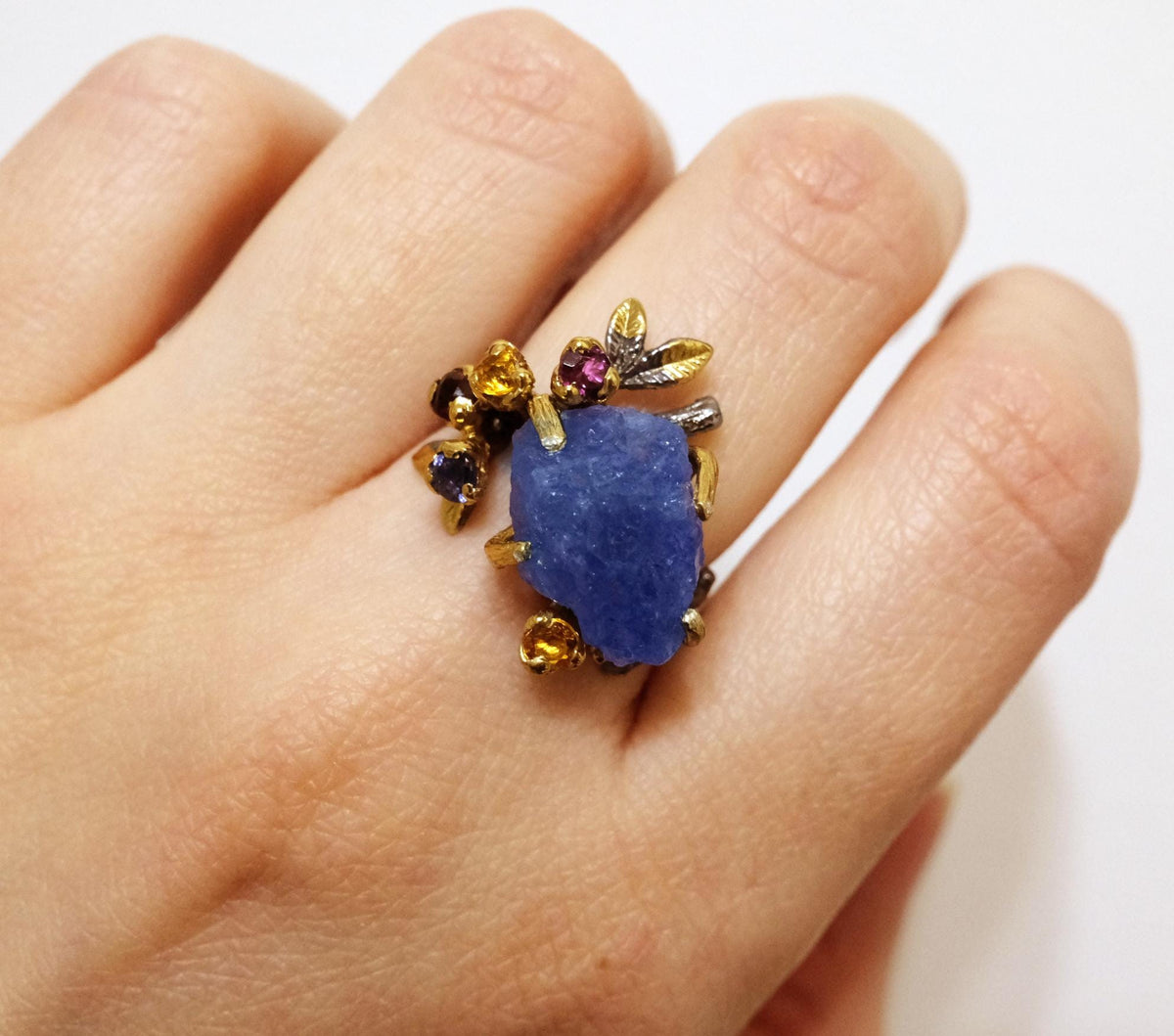 925 Sterling Silver Raw Tanzanite Ring, worn on hand