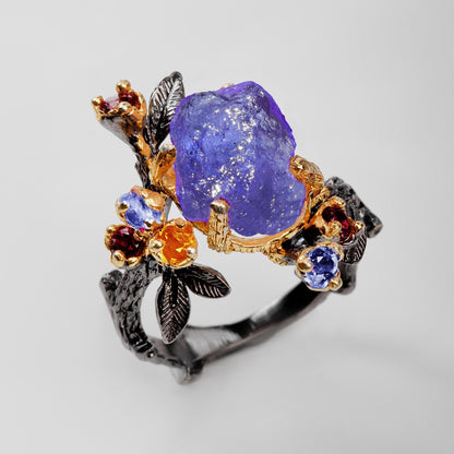 925 Sterling Silver Raw Tanzanite Ring, worn look