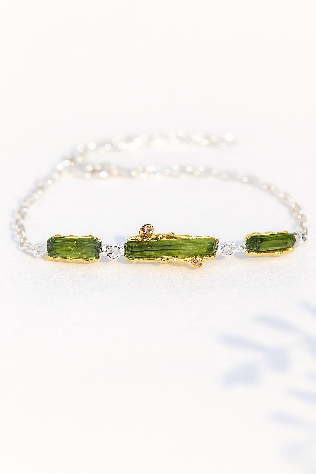 925 Sterling Silver Raw Tourmaline Bracelet, close-up detail