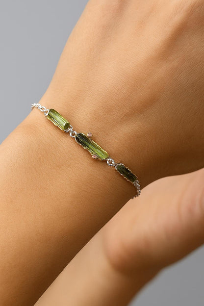 925 Sterling Silver Raw Tourmaline Bracelet, worn on wrist