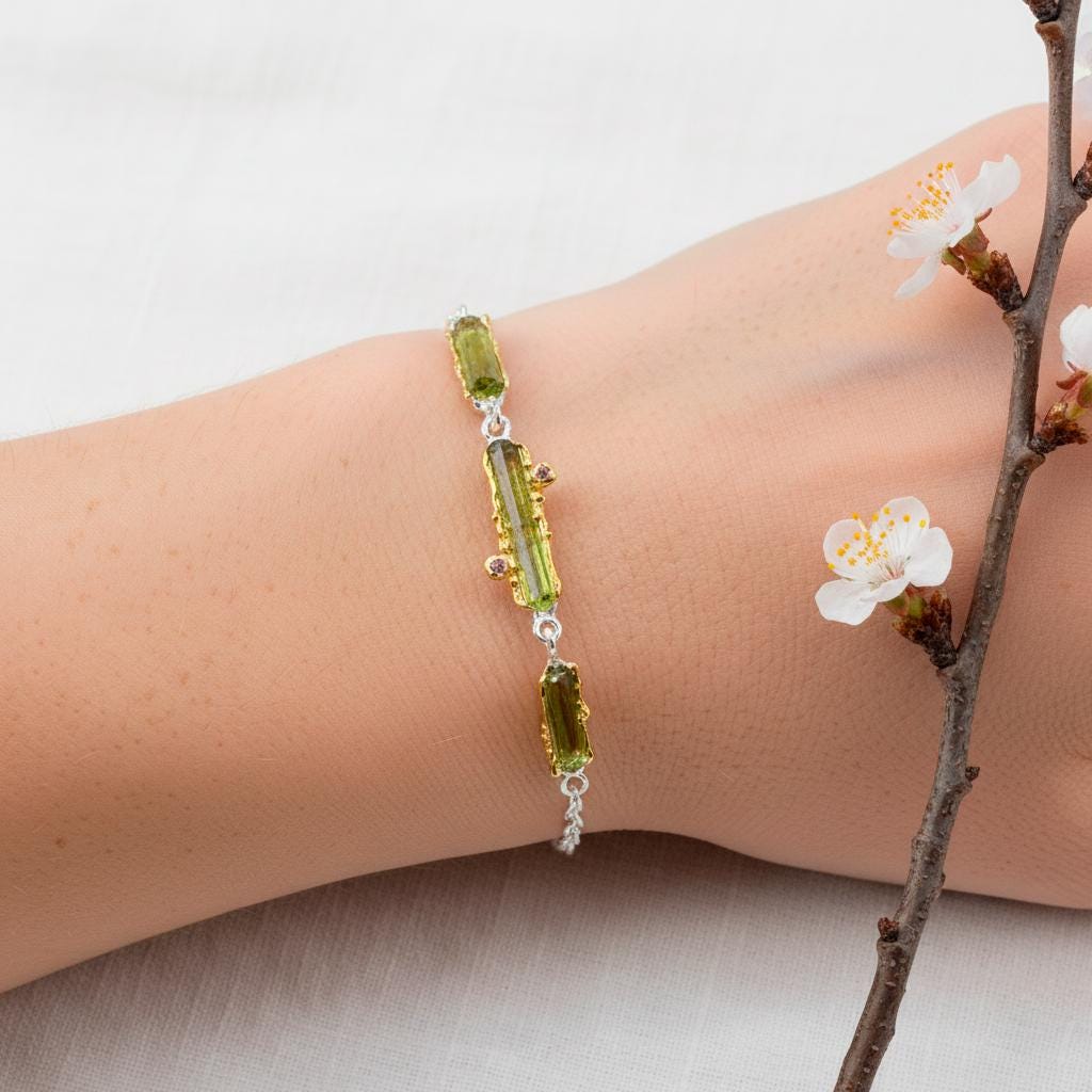 925 Sterling Silver Raw Tourmaline Bracelet, additional angle
