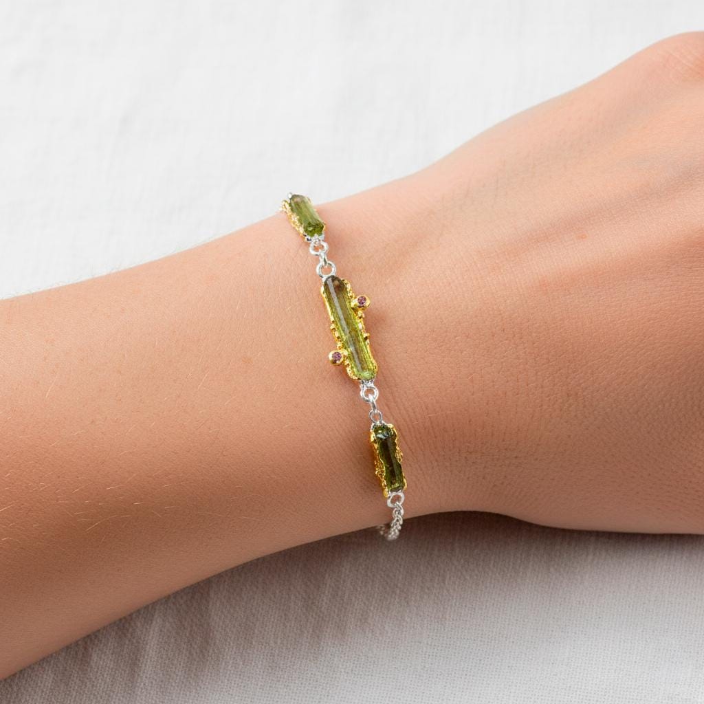 925 Sterling Silver Raw Tourmaline Bracelet, wrist styling view