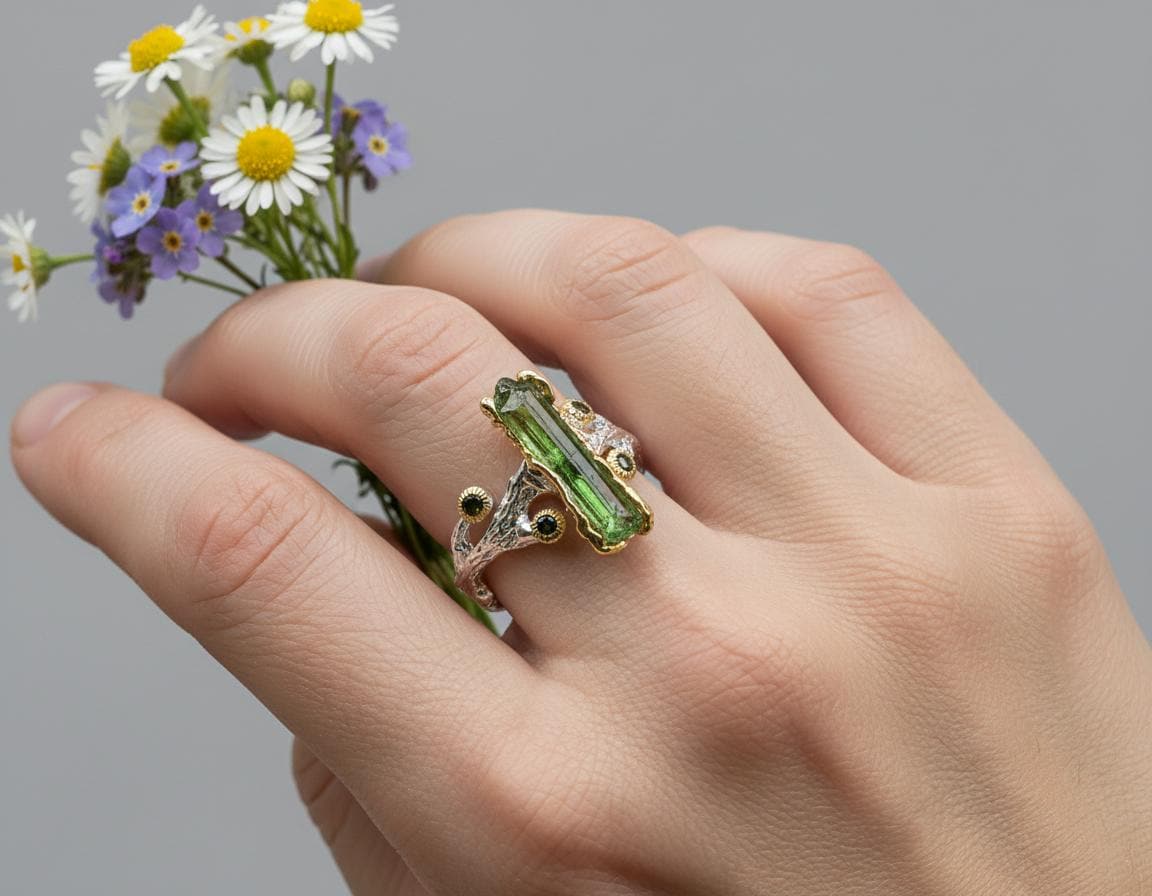 925 Sterling Silver Raw Tourmaline Ring, close-up detail