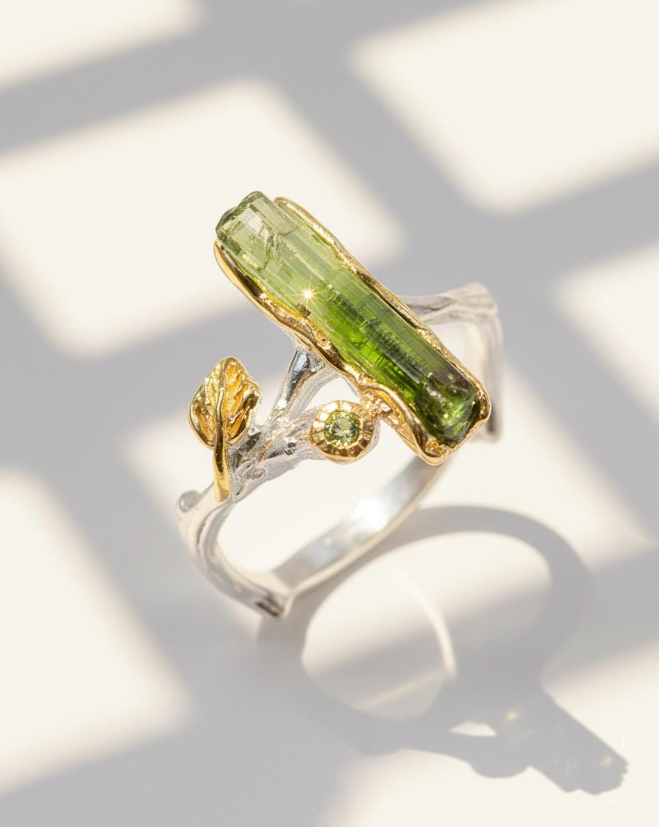 925 Sterling Silver Raw Tourmaline Ring, close-up detail