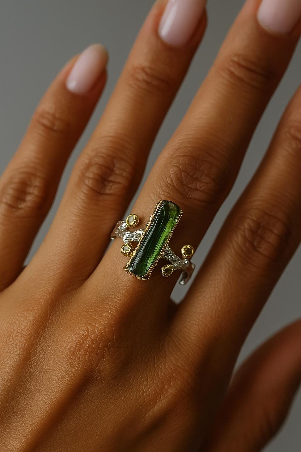 925 Sterling Silver Raw Tourmaline Ring, worn on hand