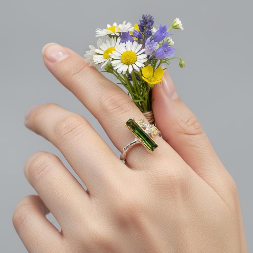 925 Sterling Silver Raw Tourmaline Ring, worn on hand