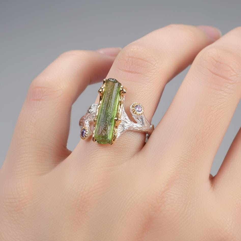 925 Sterling Silver Raw Tourmaline Ring, worn on hand