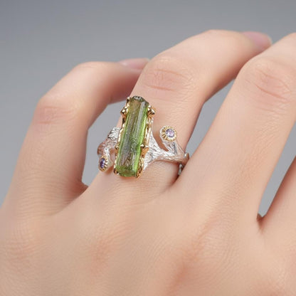 925 Sterling Silver Raw Tourmaline Ring, worn on hand