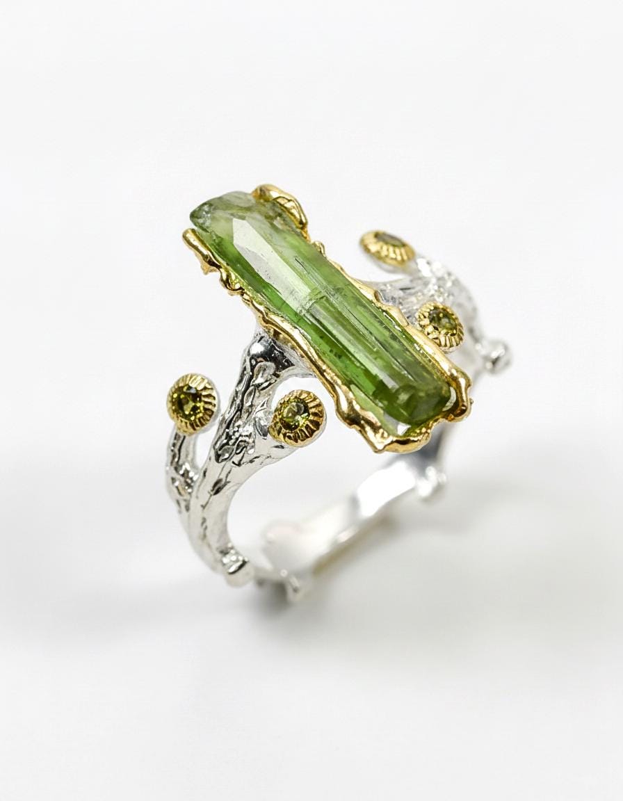 925 Sterling Silver Raw Tourmaline Ring, setting detail