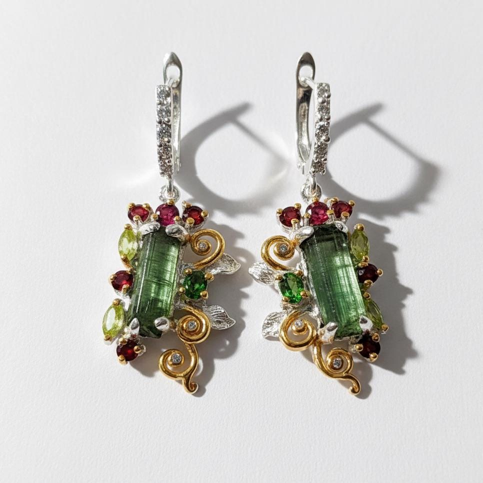 925 Sterling Silver Raw Tourmaline Earrings, close-up detail