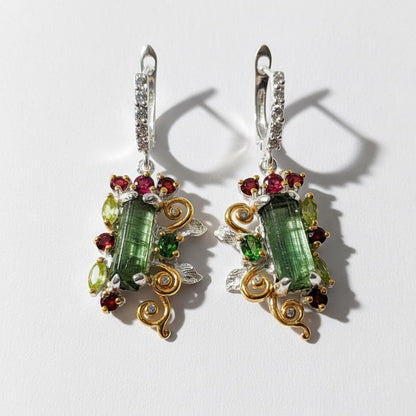 925 Sterling Silver Raw Tourmaline Earrings, close-up detail