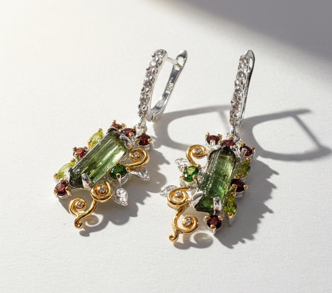 925 Sterling Silver Raw Tourmaline Earrings, worn view