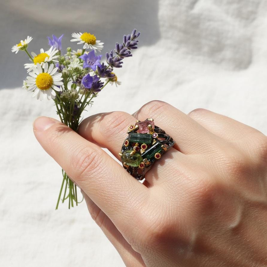 925 Sterling Silver Raw Tourmaline Ring, close-up detail