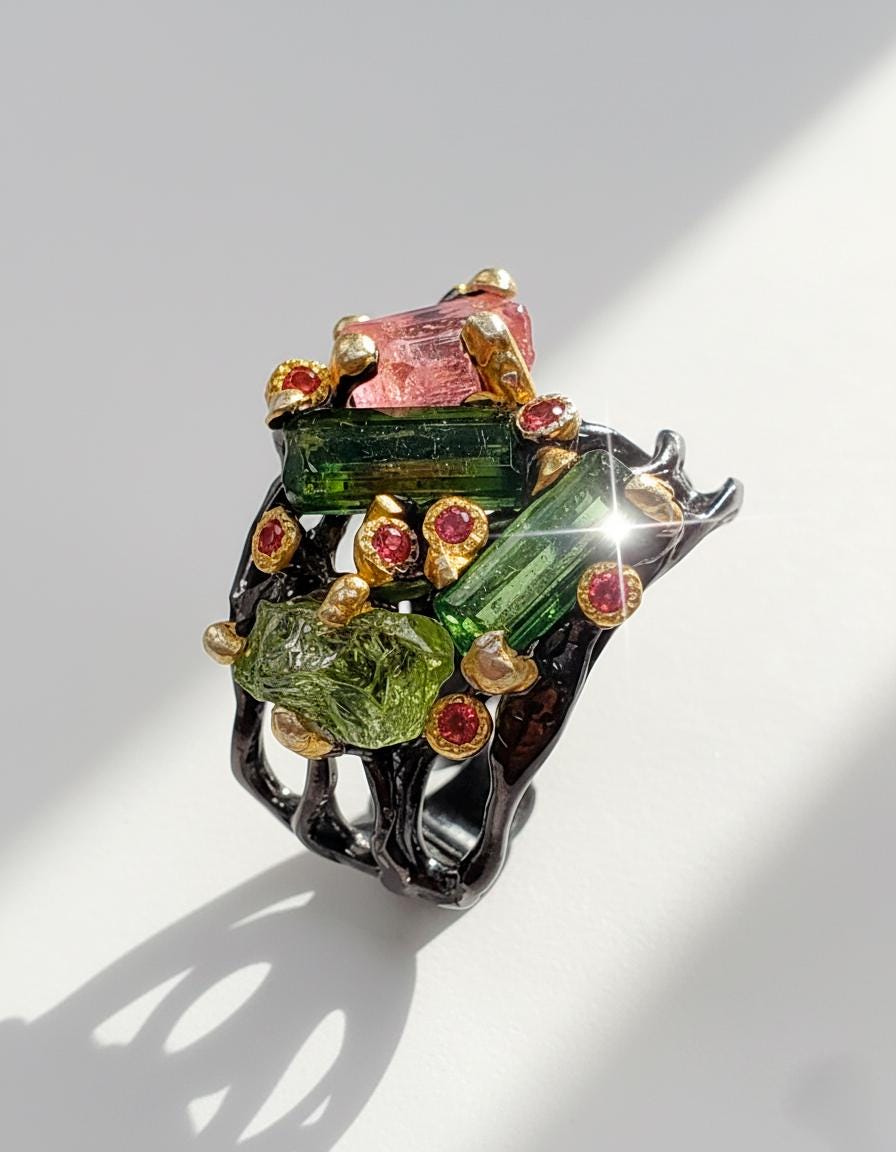 925 Sterling Silver Raw Tourmaline Ring, worn on hand